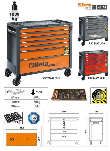 RSC24AXL/7-R-7 FIÓKOS SZERSZÁMKOCSI BORULÁSGÁTLÓ RENDSZERREL, HOSSZÚ MODELL - Beta - 024004273