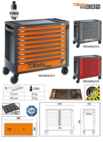 RSC24AXL/9-R-9 FIÓKOS SZERSZÁMKOCSI BORULÁSGÁTLÓ RENDSZERREL, HOSSZÚ MODELL - Beta - 024004293