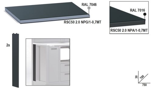 RSC50 2.0 NPA/1-0,7MT Fémlemez munkalap, 0,75 m széles, munkapadhoz, az RSC50 2.0 műhelyberendezés összeállításhoz - Beta - 050001117