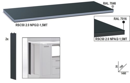 RSC50 2.0 NPA/2-1,5MT Fémlemez munkalap, 1,5 m széles, munkapadhoz, az RSC50 2.0 műhelyberendezés összeállításhoz - Beta - 050001124