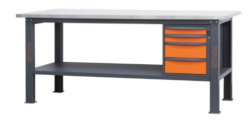C58BC-X2,1 4CA/A Rozsdamentes acéllal fedett MDF munkalapos munkapad, 2,1 m széles, 4 fiókkal és ajtós modullal - Beta - 058000628