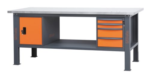 C58BC-X2,1 4CA/O Rozsdamentes acéllal fedett MDF munkalapos munkapad, 2,1 m széles, 4 fiókkal és ajtós modullal - Beta - 058000624