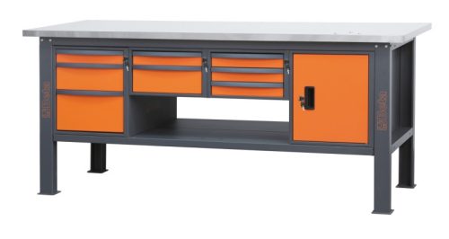 C58BC-X2,1 8CA/O Rozsdamentes acéllal fedett MDF munkalapos munkapad, 2,1 m széles, 8 fiókkal és ajtós modullal - Beta - 058000625