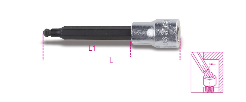 910BP hatlapfejű külső Dugókulcs gömbölyű véggel 3/8" belső négyszöggel krómozott - barnított betétek - Beta - 009100590